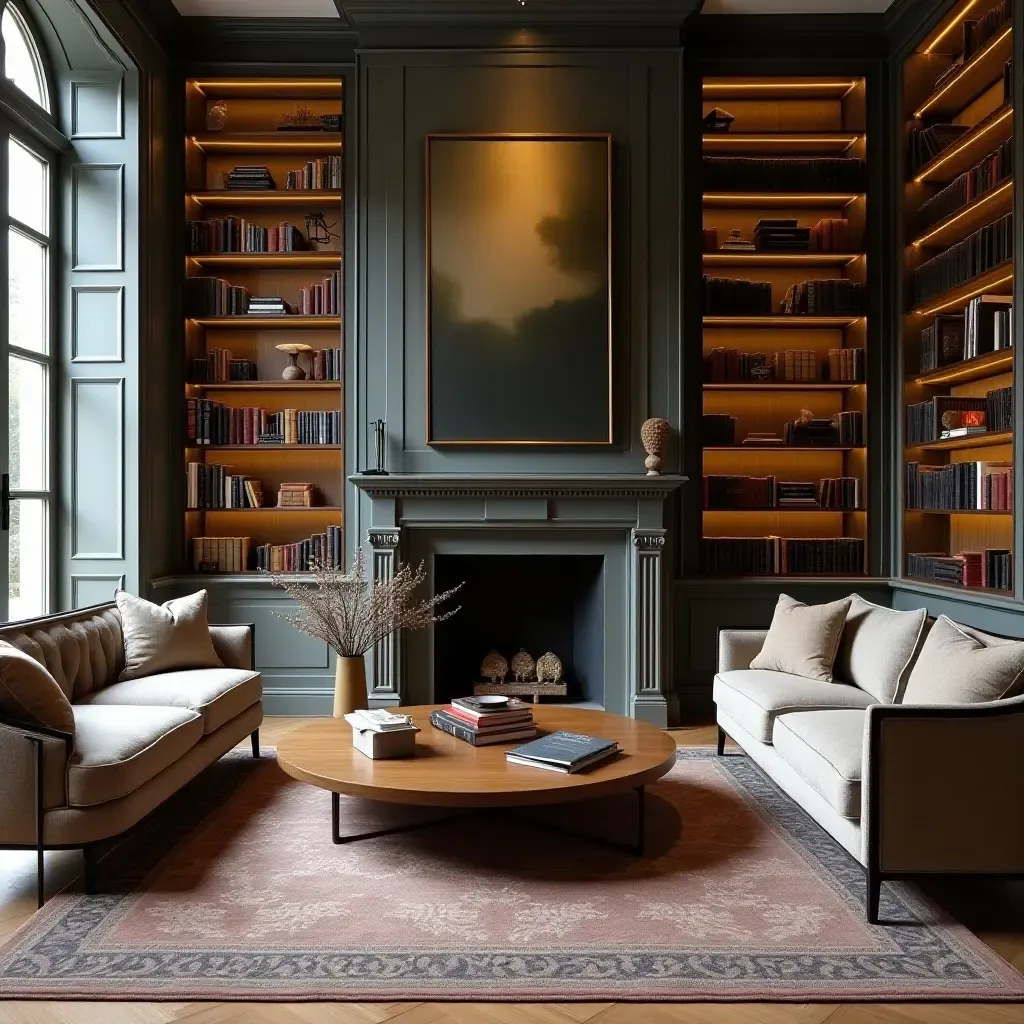 a photo of a stylish library with a vintage coffee table and contemporary seating