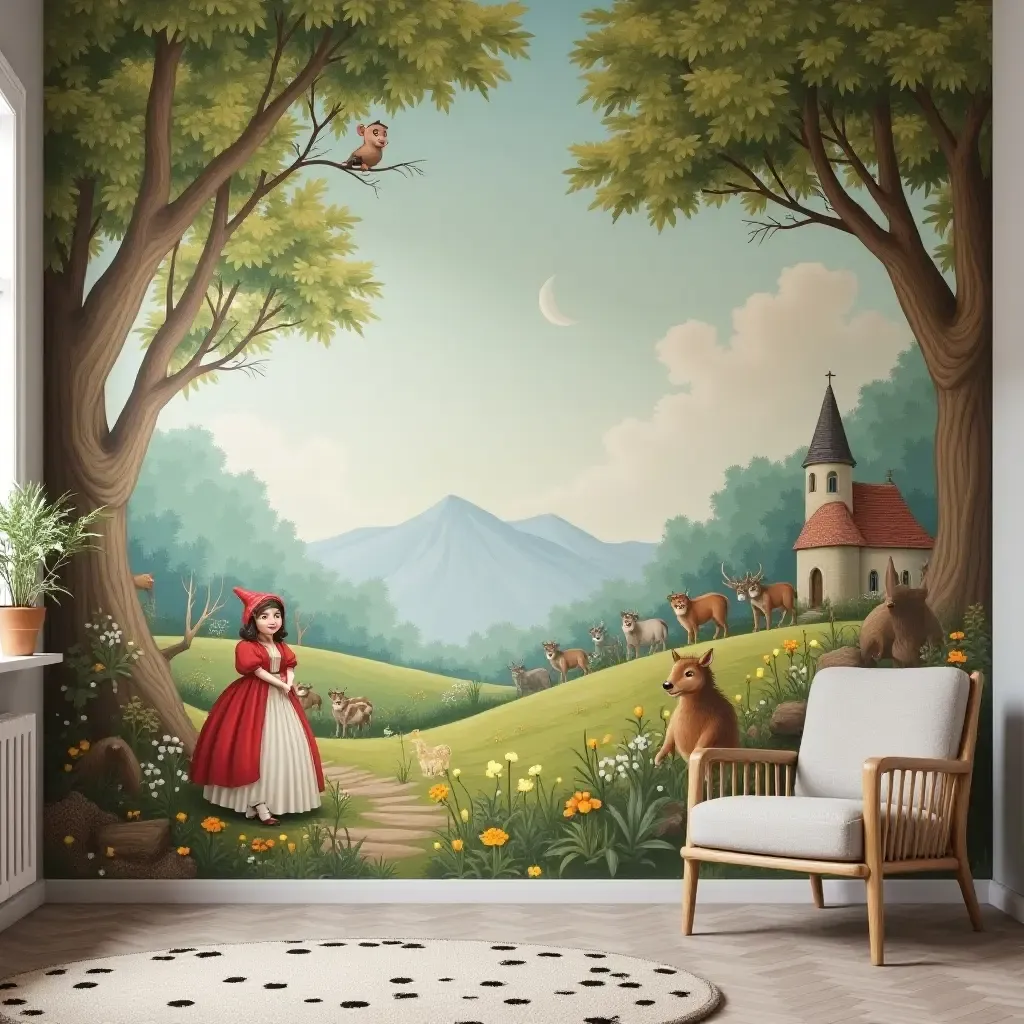 a photo of a nostalgic wall mural depicting fairy tales