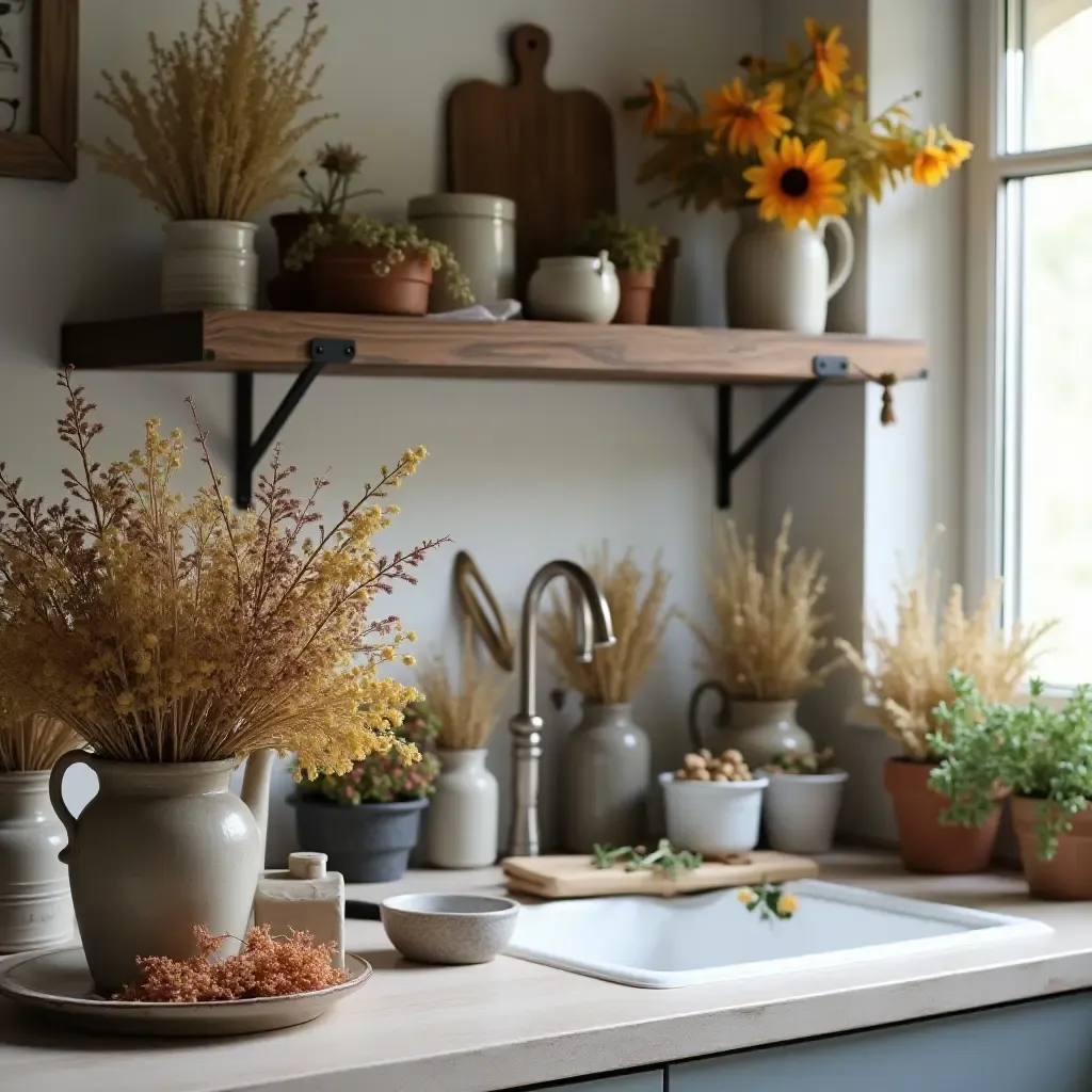 a photo of a kitchen adorned with dried flowers and herbs