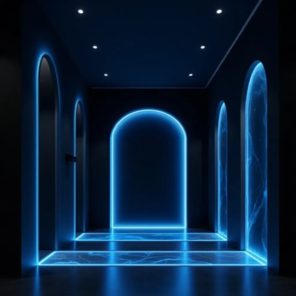 a photo of a striking black and electric blue entryway with futuristic design