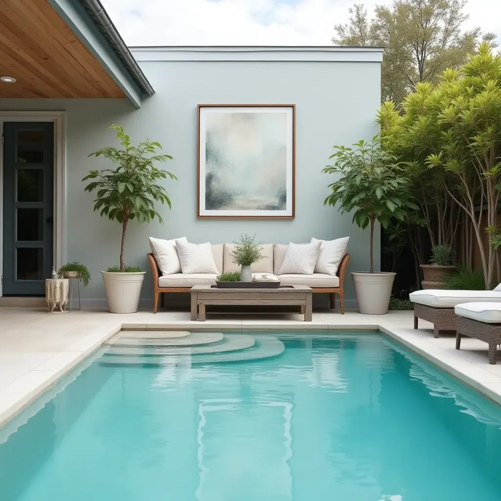 a photo of a stylish pool area with farmhouse-inspired art and comfortable seating