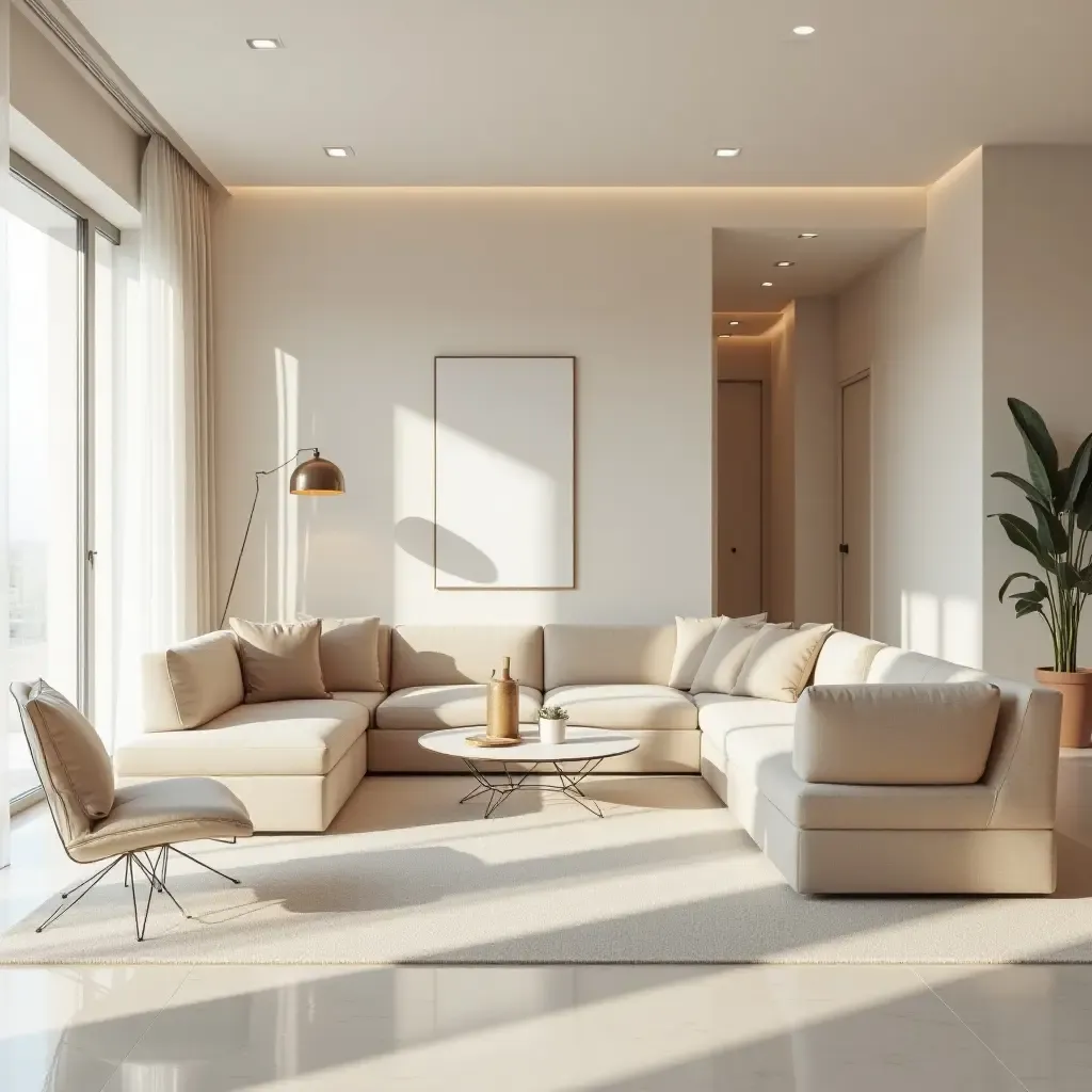 a photo of a serene living room with soft colors and reflective surfaces