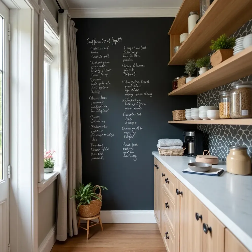 a photo of a stylish pantry with a chalkboard wall for grocery lists