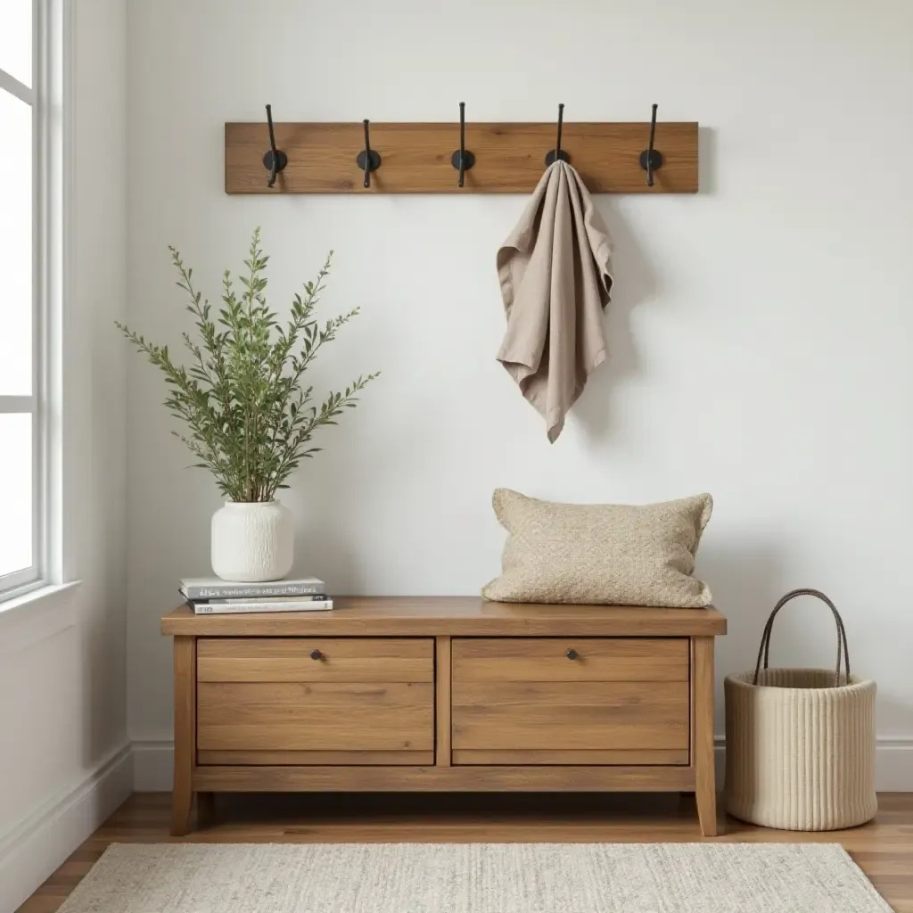 a photo of a wooden entryway bench with storage