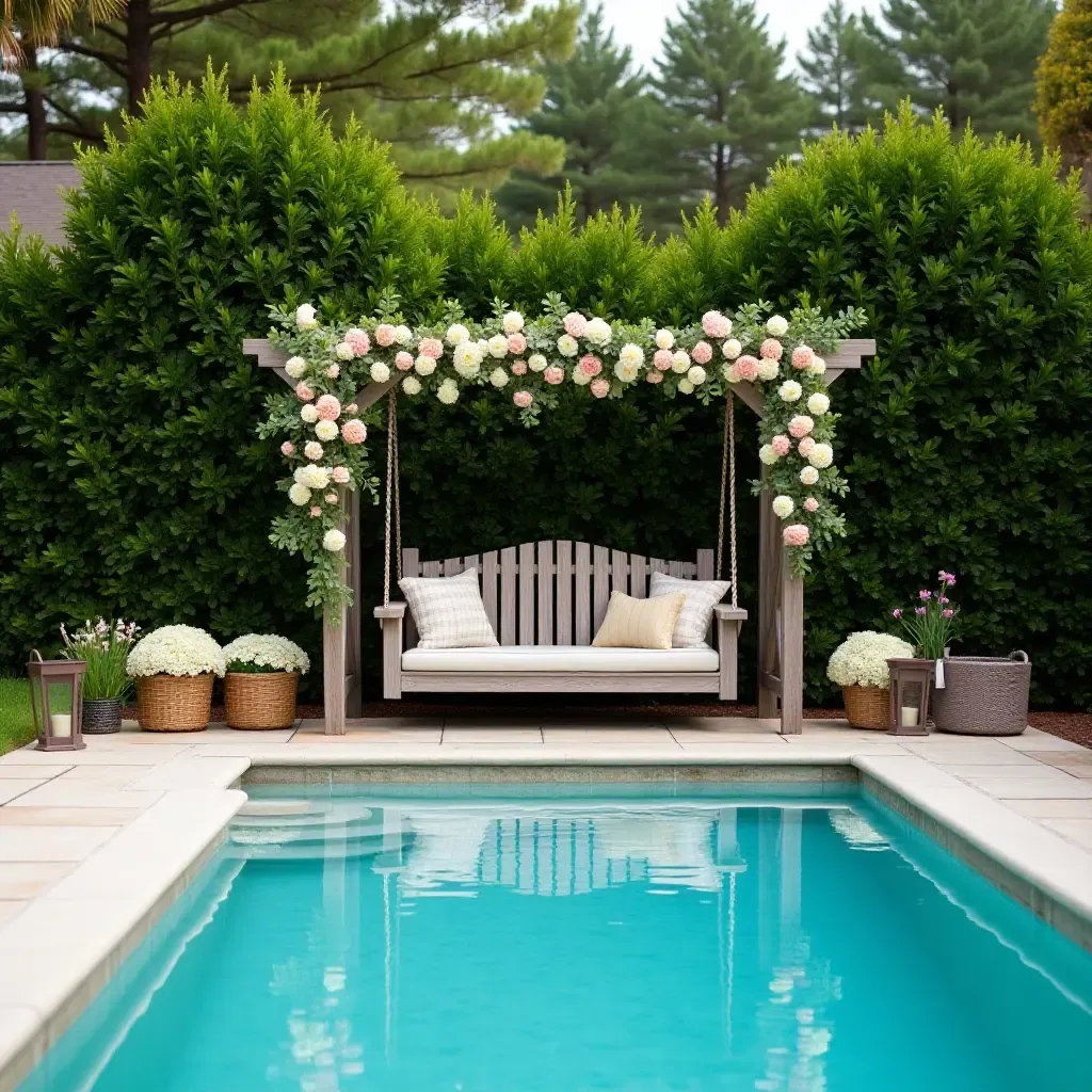 a photo of a charming pool area with a farmhouse-style swing and floral arrangements