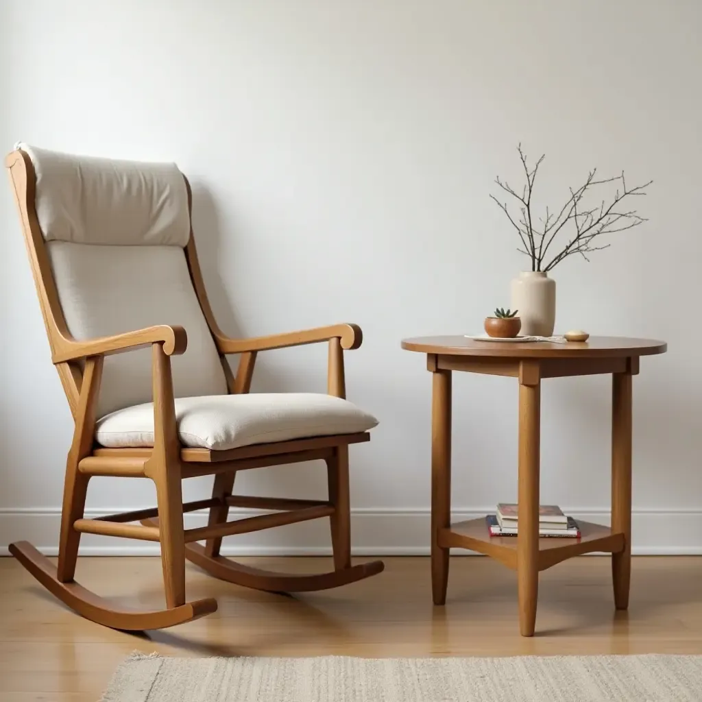 a photo of a wooden side table next to a rocking chair