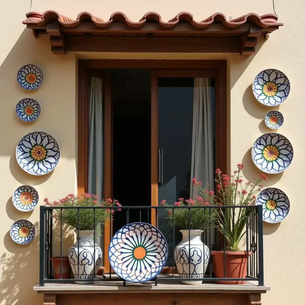 a photo of a balcony decorated with hand-painted ceramic dishes and pottery