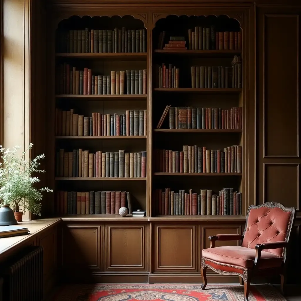 a photo of a vintage library shelf featuring antique books and a cozy reading nook