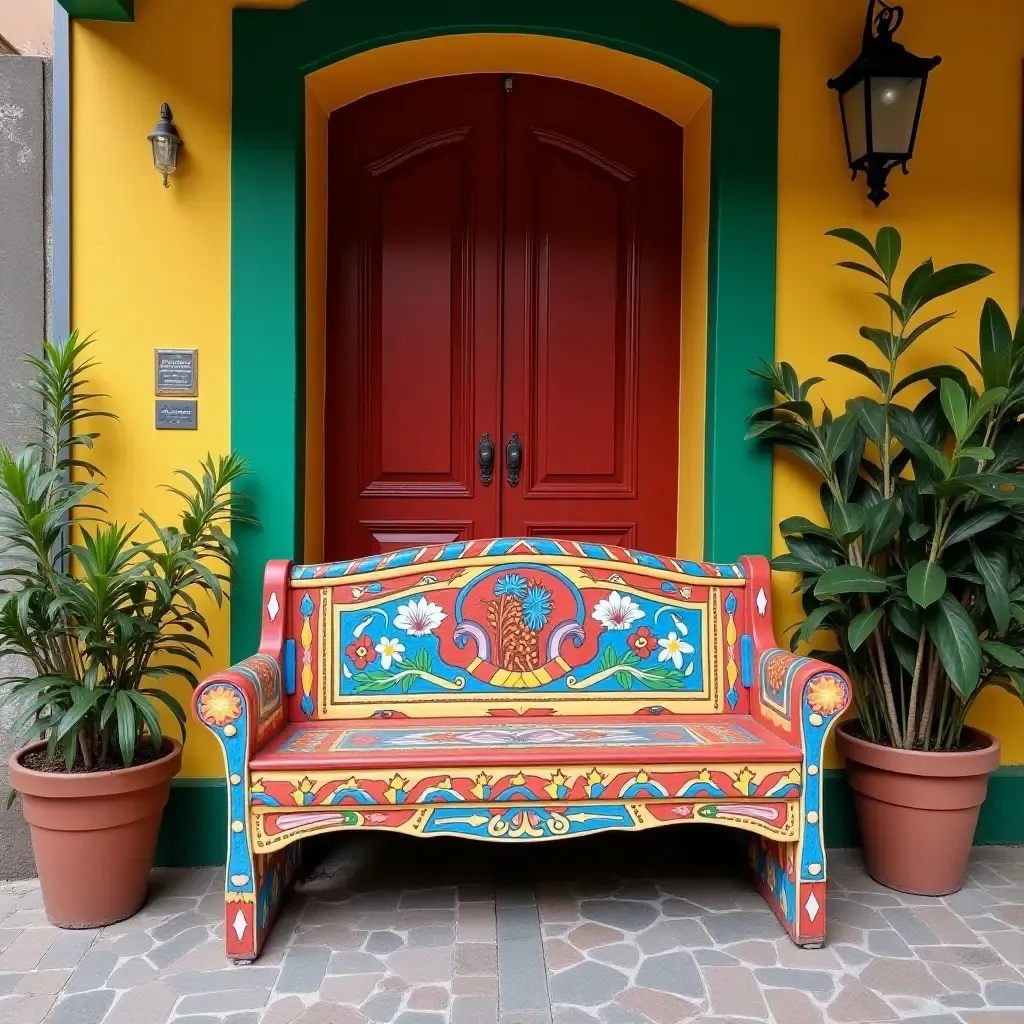 a photo of a colorful bench with artistic designs in a vibrant entrance