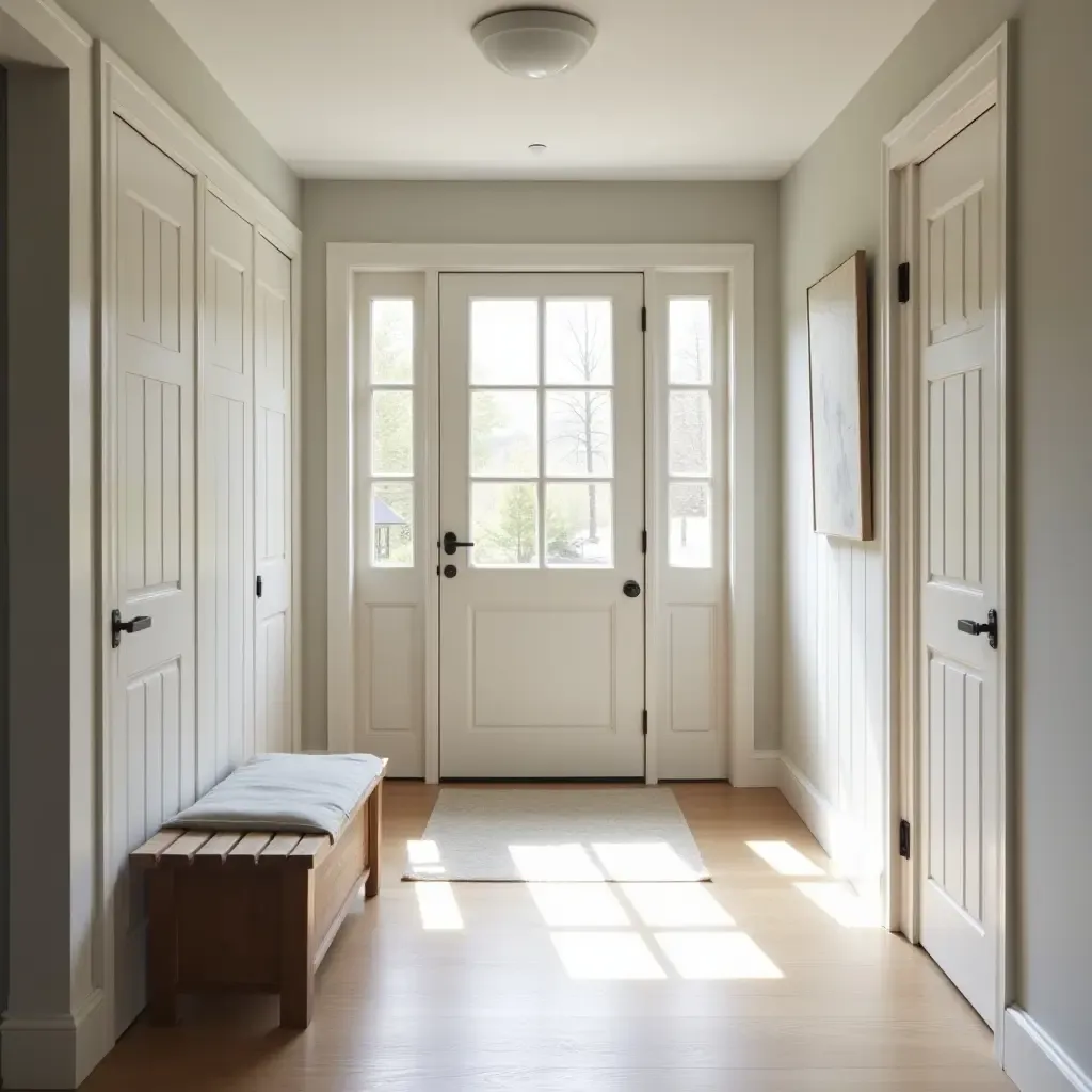 a photo of a basement entryway with Scandinavian design and natural light