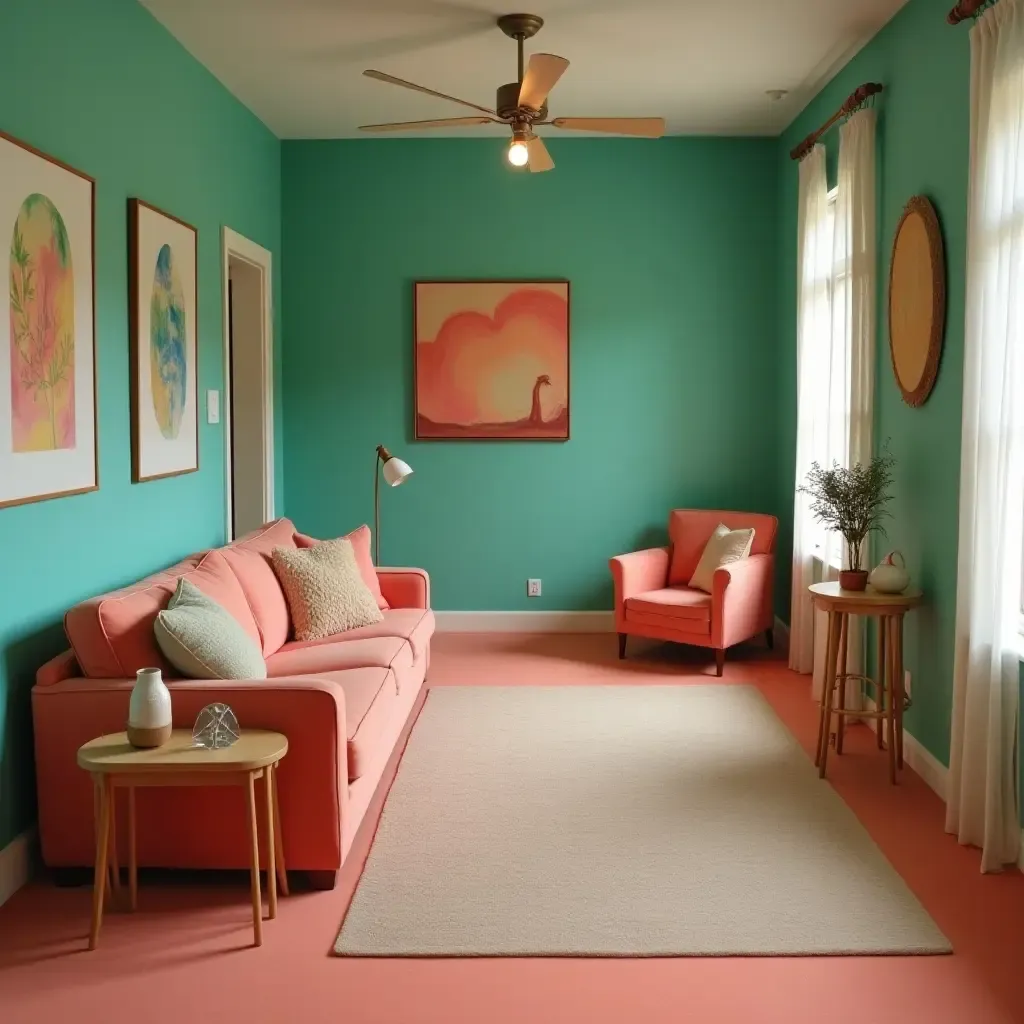 a photo of a basement with a retro vibe in pastel turquoise and coral