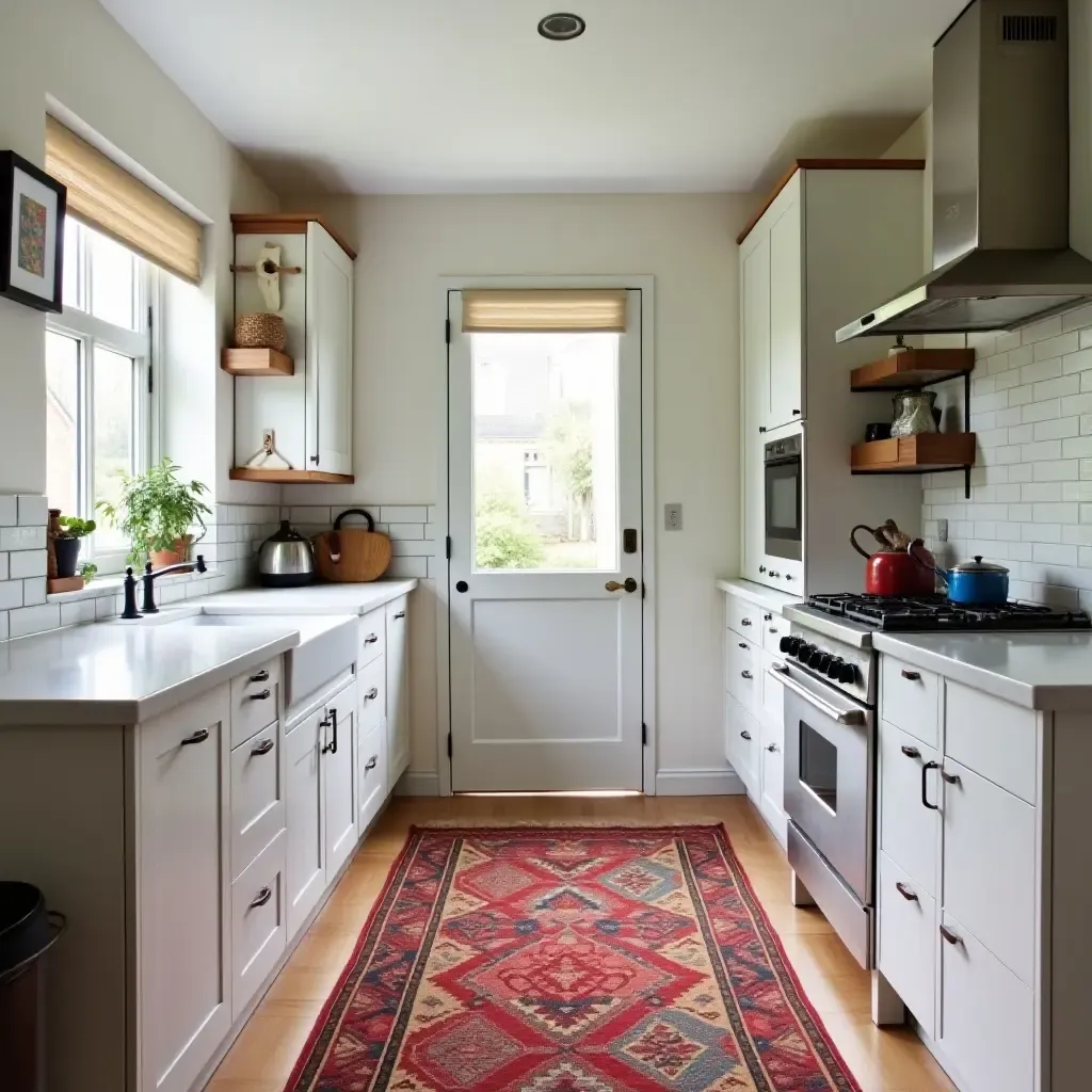 a photo of a small kitchen transformed by a bold, colorful rug