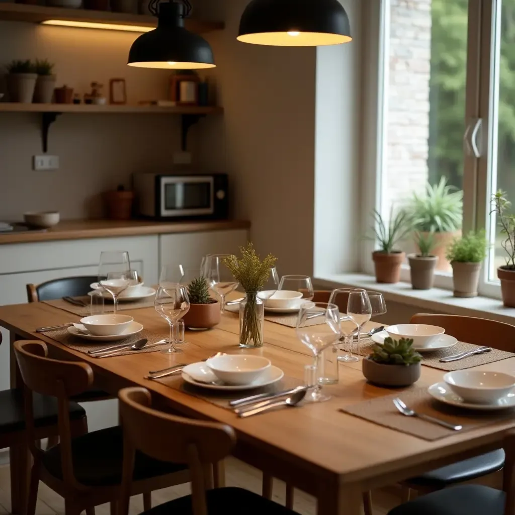 a photo of a wooden kitchen table set for dinner