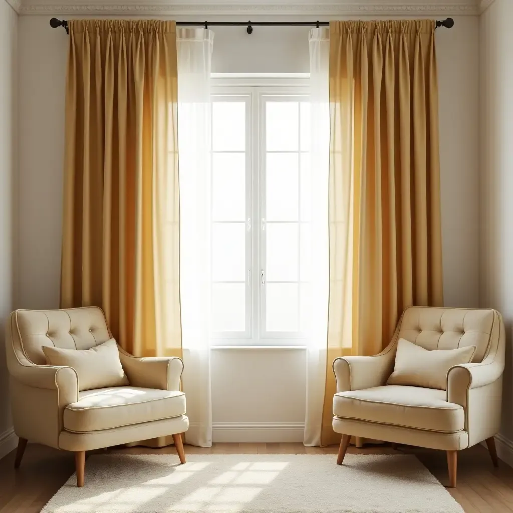 a photo of a nursery with metallic gold curtains draping the window