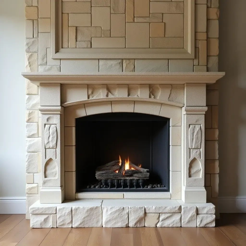 a photo of a fireplace surround designed with natural stone textures