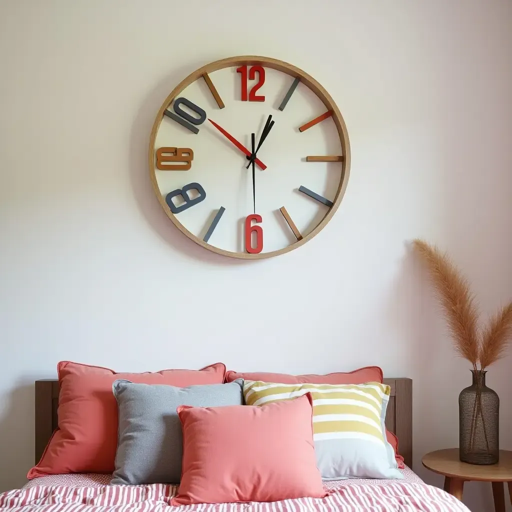 a photo of a wall featuring a large, colorful clock as functional wall art in a teen&#x27;s room