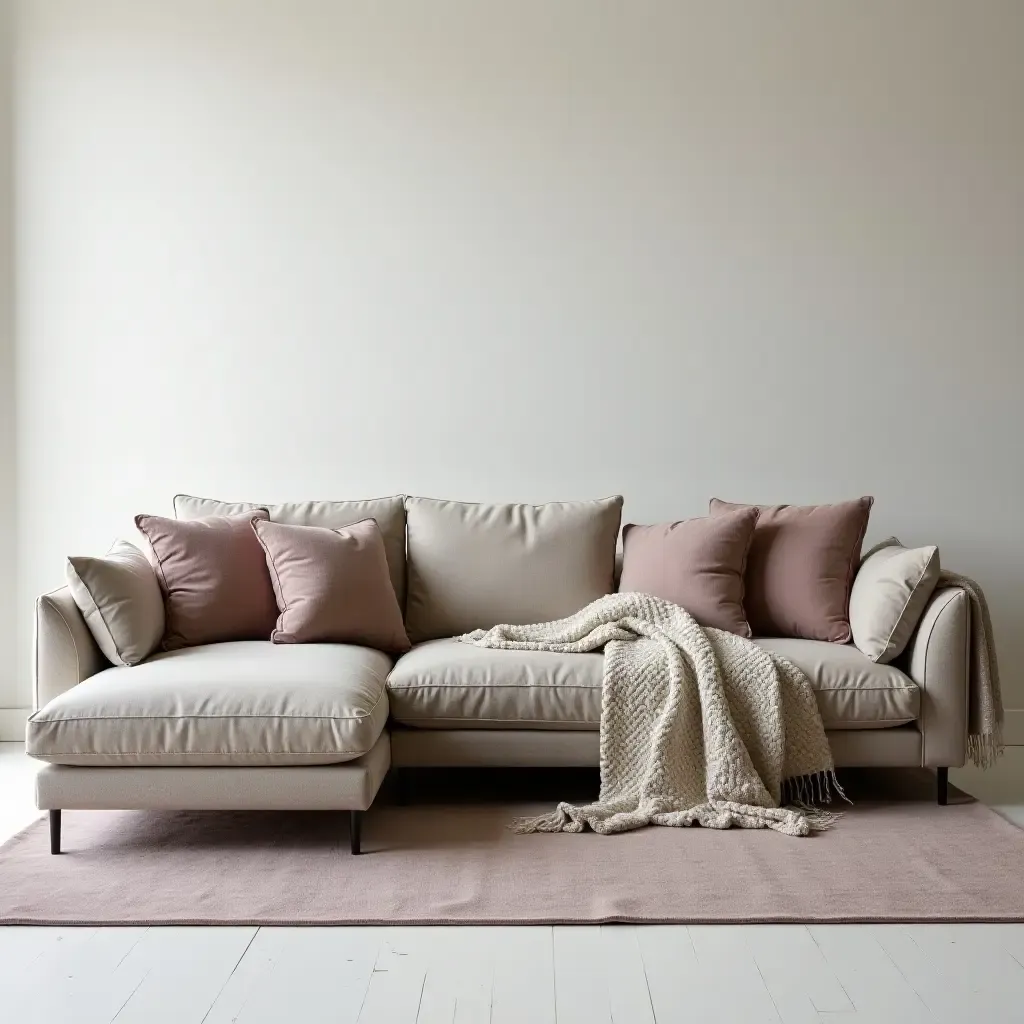 a photo of a modern sectional sofa with elegant throw blankets