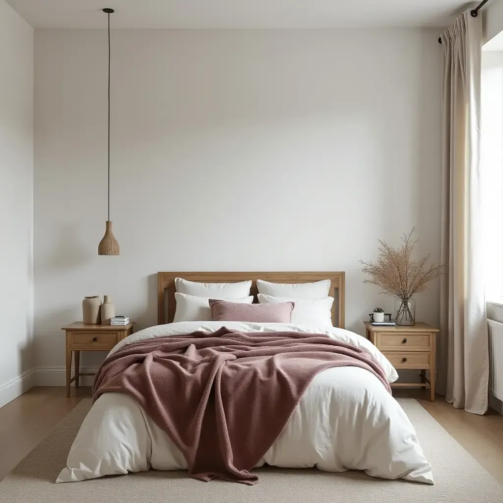 a photo of a Scandinavian bedroom combining velvet throws, light wood furniture, and linen accessories