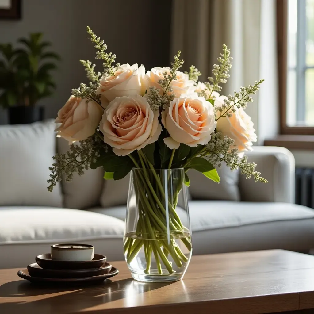 a photo of a coffee table featuring an elegant floral arrangement in a tall vase