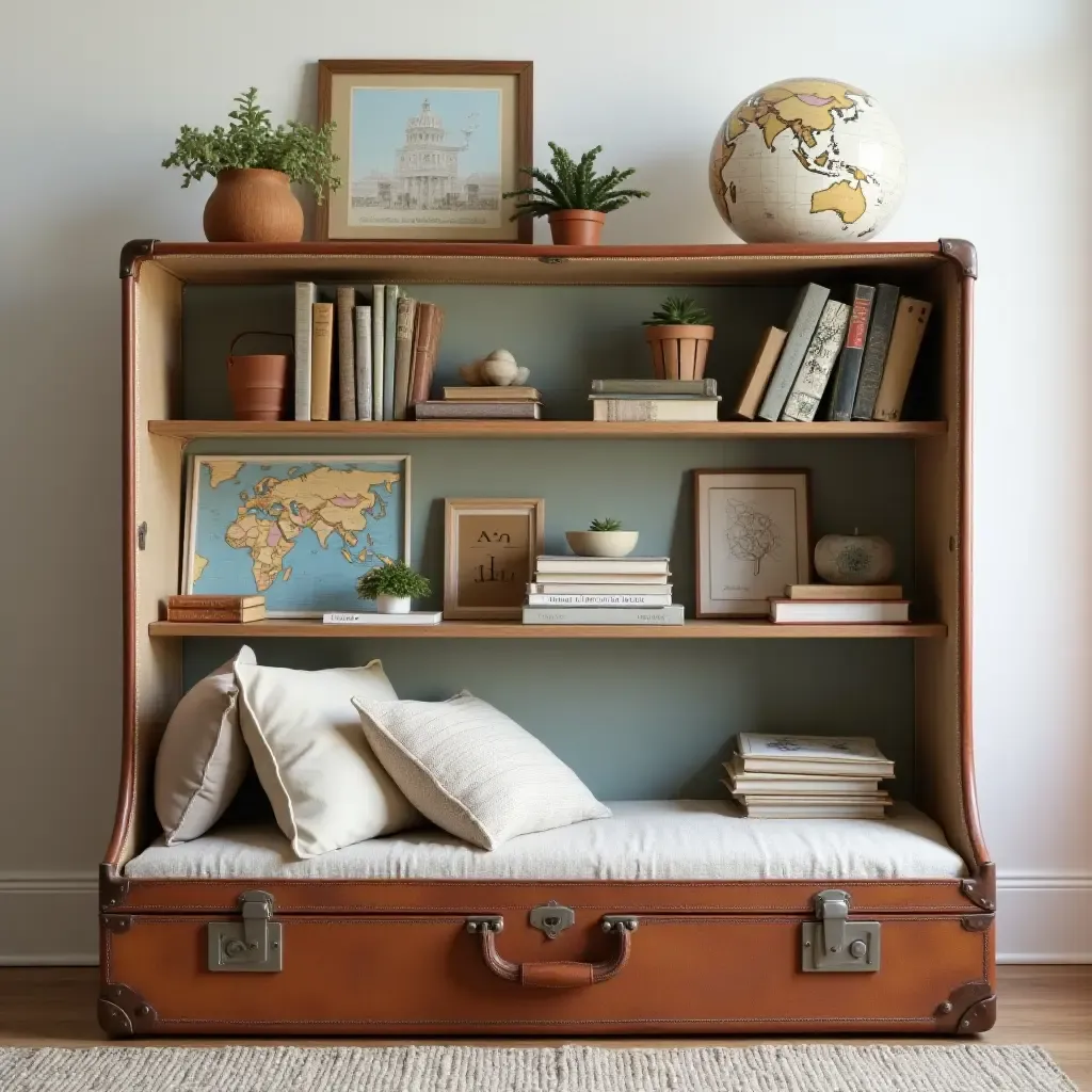 a photo of a vintage suitcase bookshelf with travel-themed decor for children