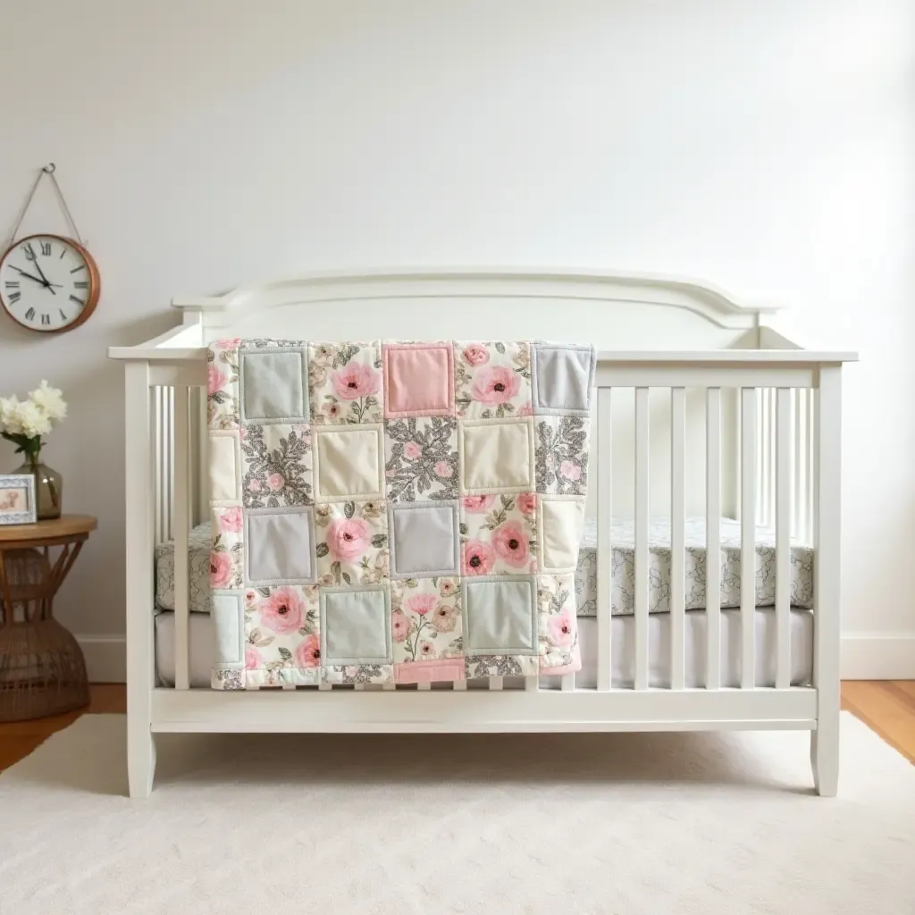 a photo of a farmhouse-style crib with a quilted patchwork design and floral accents