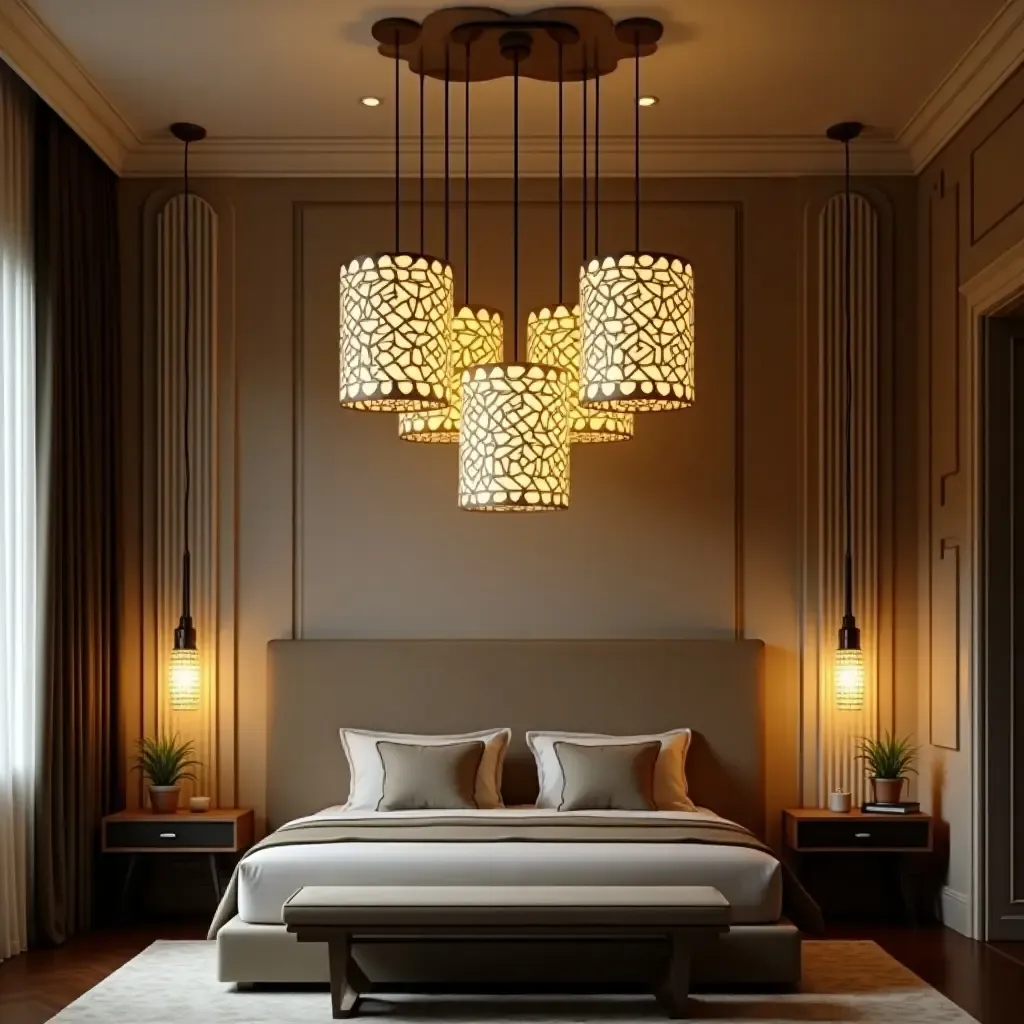 a photo of an art deco bedroom featuring glamorous pendant lights with geometric patterns