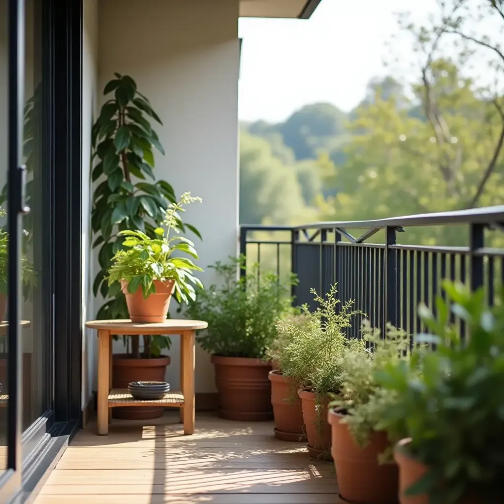 a photo of a balcony with a wooden side table and plants