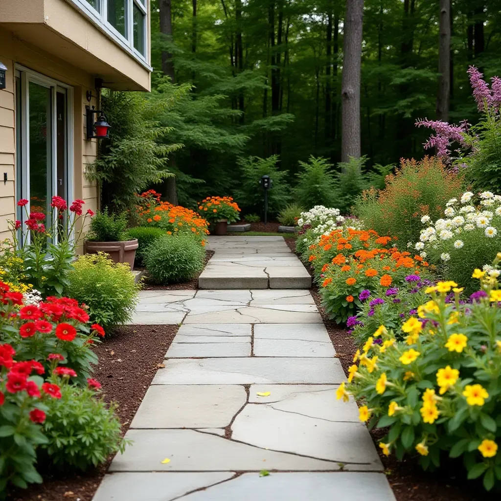 a photo of a colorful garden with a concrete patio and vibrant flowers