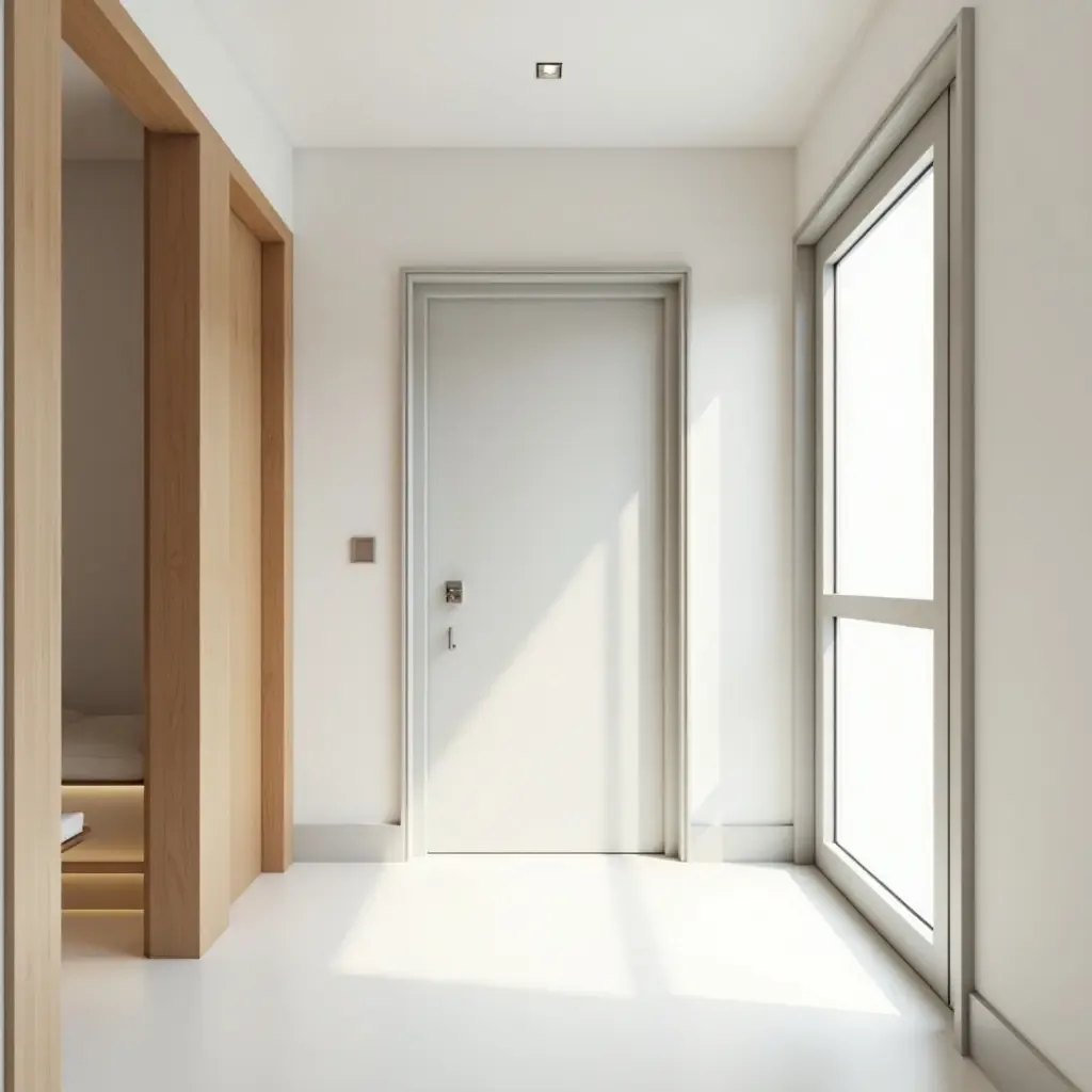 a photo of a bright entrance hall featuring a large, modern door and clean lines