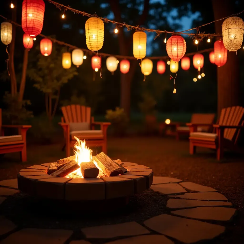 a photo of a cozy fire pit area with colorful lanterns hanging