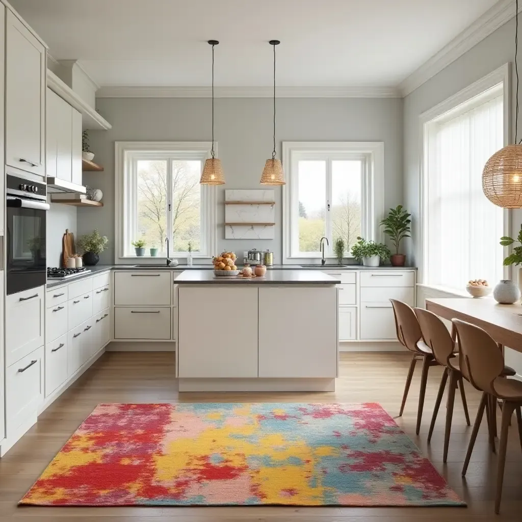 a photo of a kitchen with a colorful patchwork rug