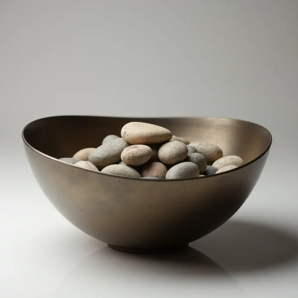 a photo of a sleek metal bowl filled with decorative stones