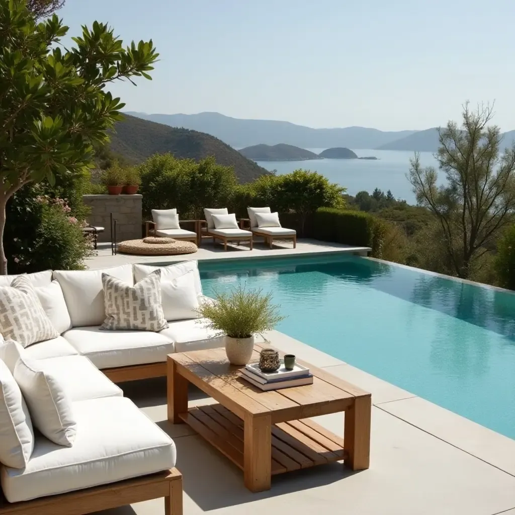 a photo of a chic poolside lounge with oversized cushions and a farmhouse coffee table