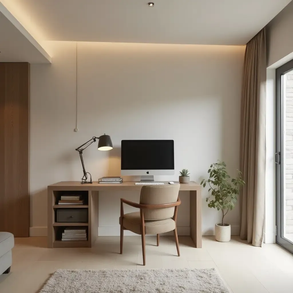 a photo of a serene workspace in a minimalist basement