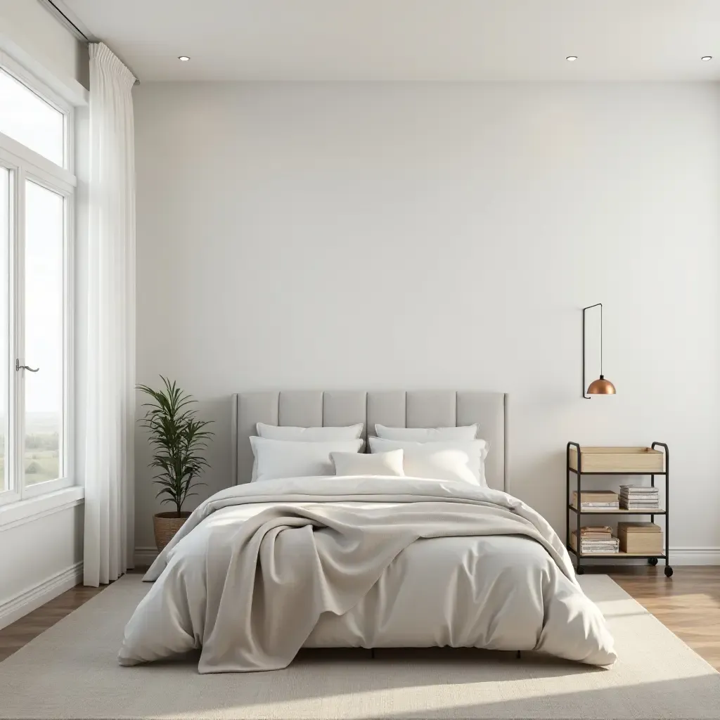 a photo of a modern bedroom with a decorative storage cart