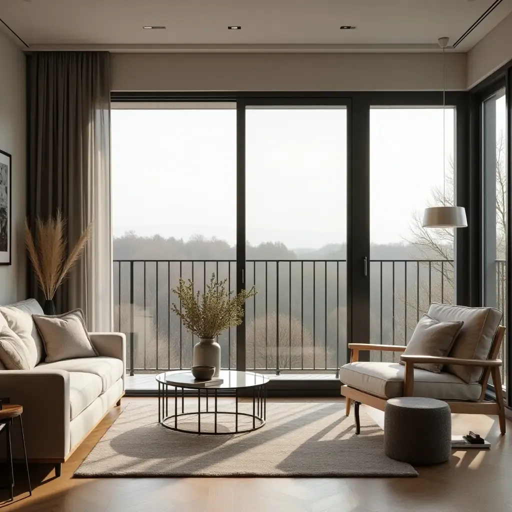 a photo of a stylish balcony with Scandinavian decor, showcasing large windows and natural light