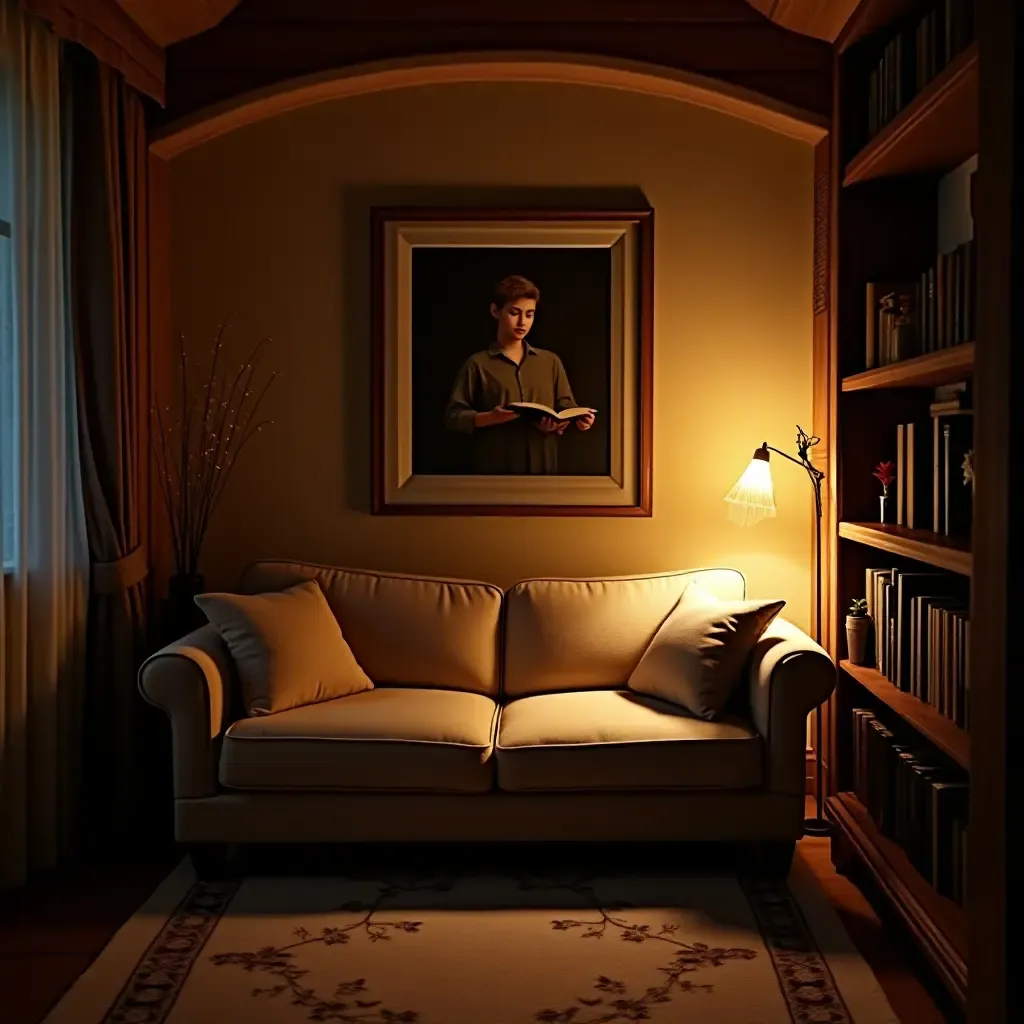 a photo of a reading nook with a comfortable sofa and warm lighting