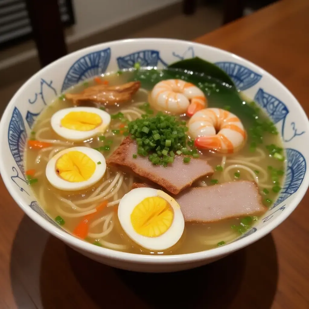 a photo of Hu Tieu, clear broth noodle soup with pork, shrimp, and quail eggs.