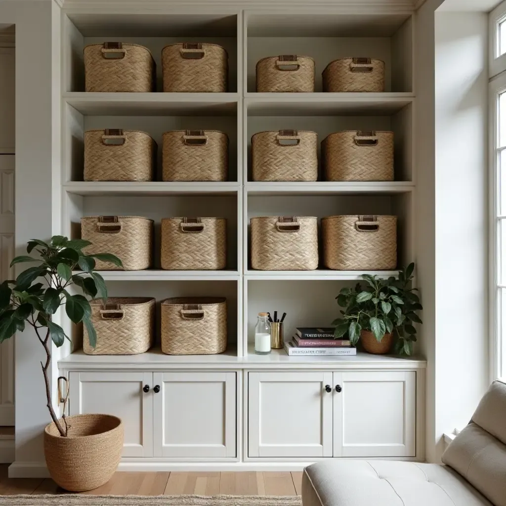 a photo of a stylish home library with woven baskets for storage