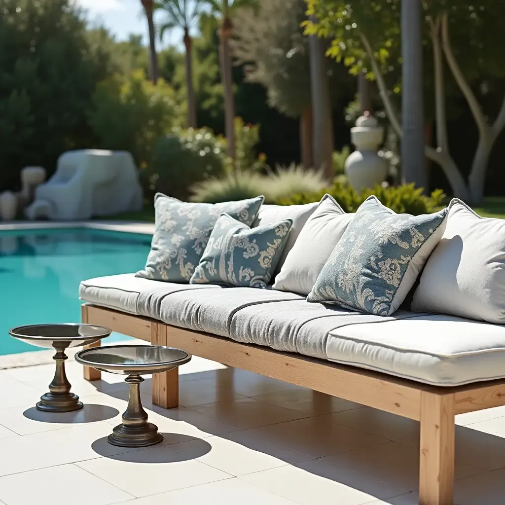 a photo of a luxurious poolside lounge with patterned fabric pillows, natural wood benches, and metallic side tables