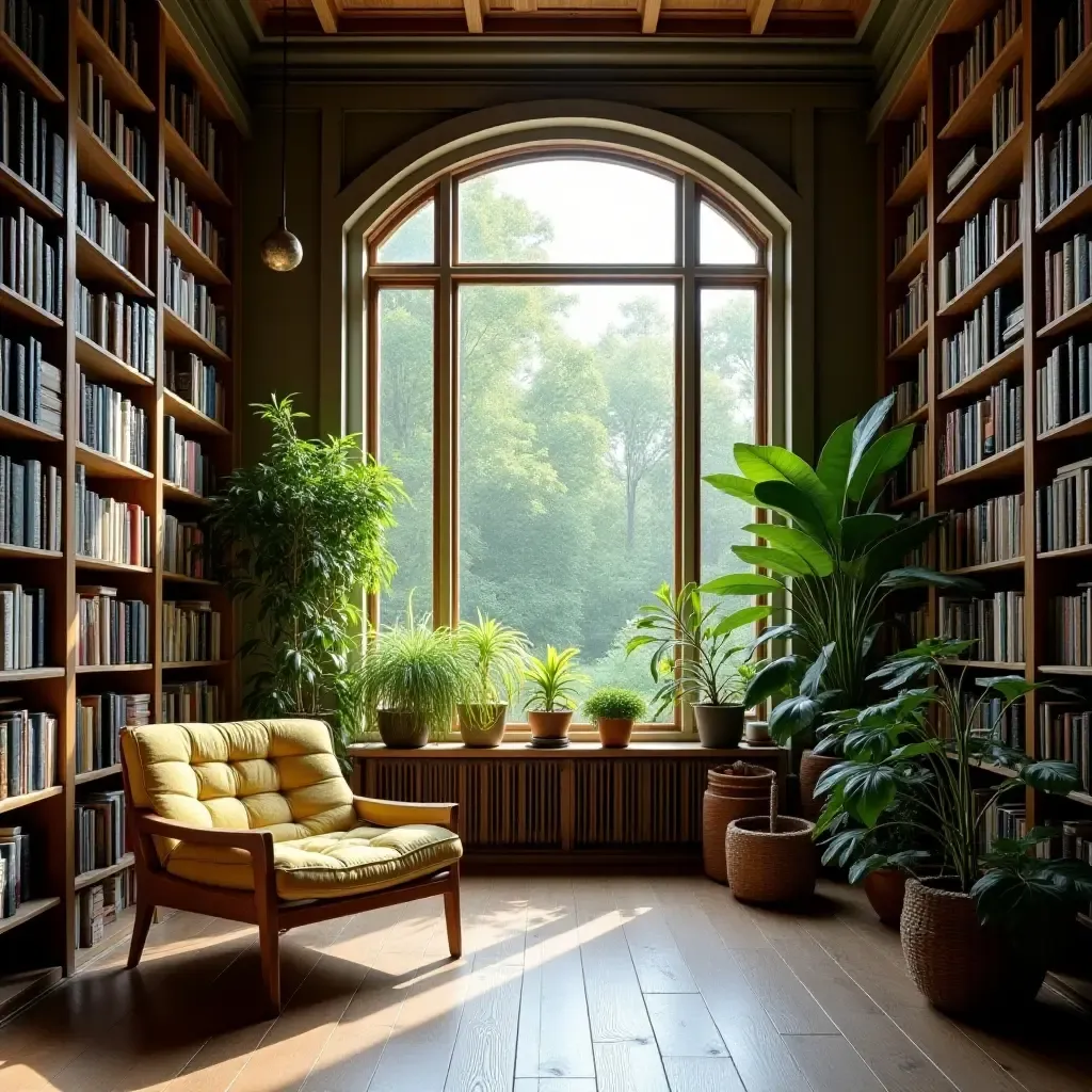 a photo of a farmhouse-style library with a large window and greenery