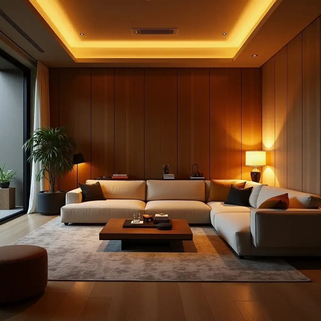 a photo of a living room with layered lighting and warm ambiance