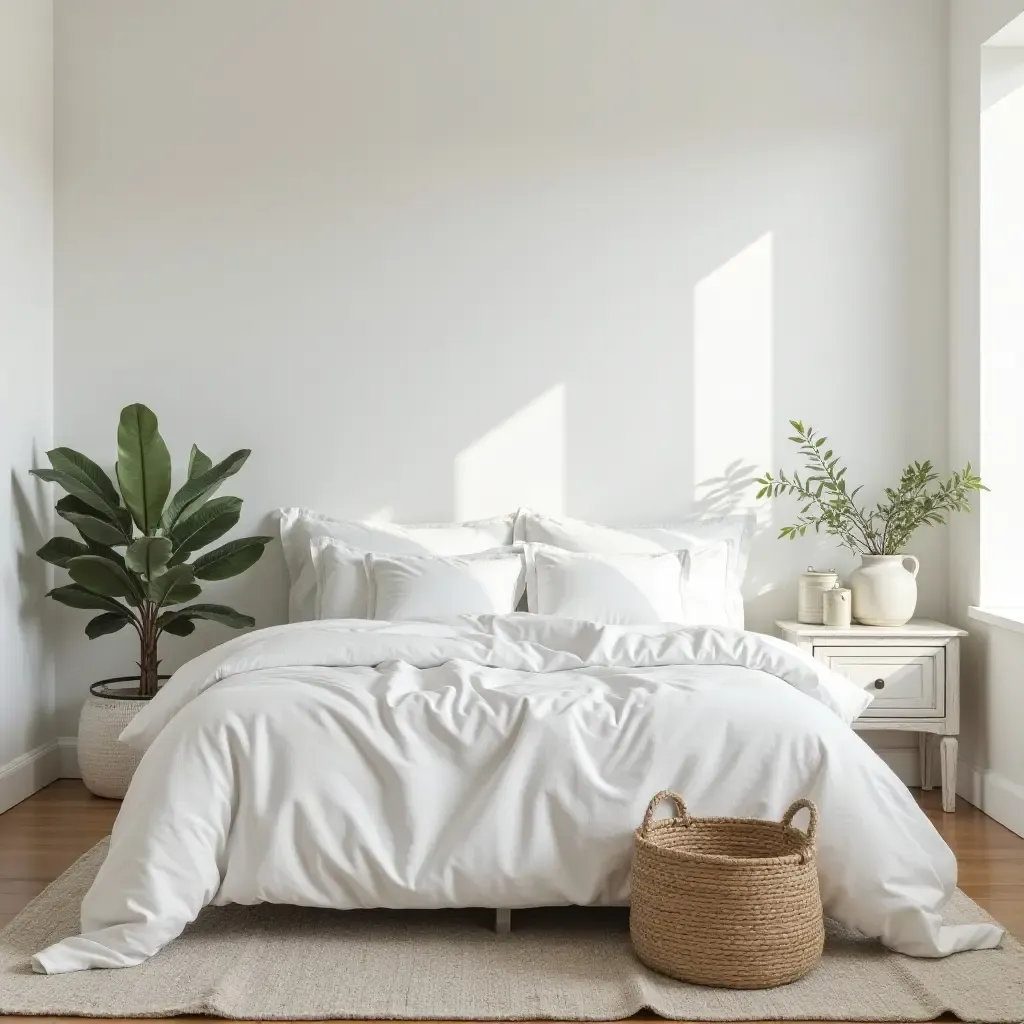 a photo of a minimalist farmhouse bedroom with whitewashed furniture and greenery