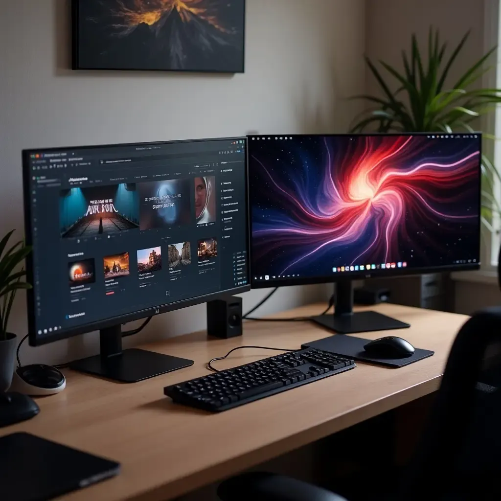 a photo of a dual monitor setup with a clean, organized workspace