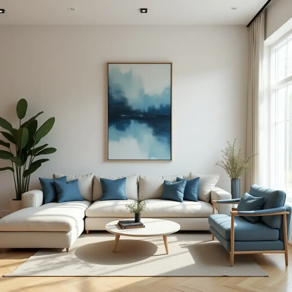 a photo of a cream and blue living room with modern furniture and abstract art