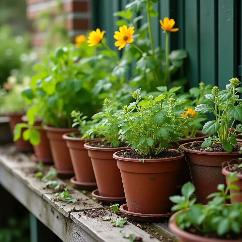 a photo of a charming kitchen garden with pots of vegetables and herbs