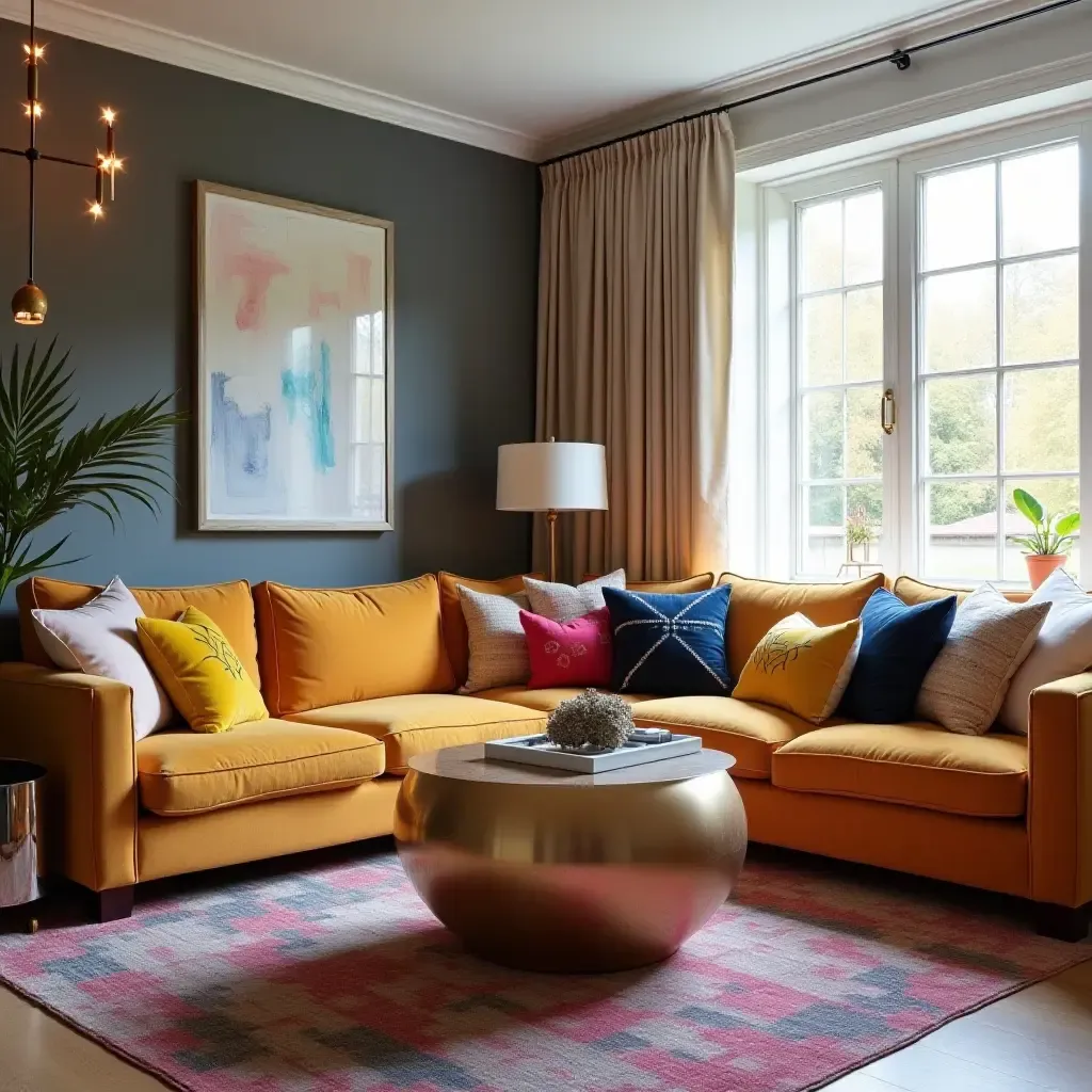 a photo of a colorful living room with playful metallic decor elements