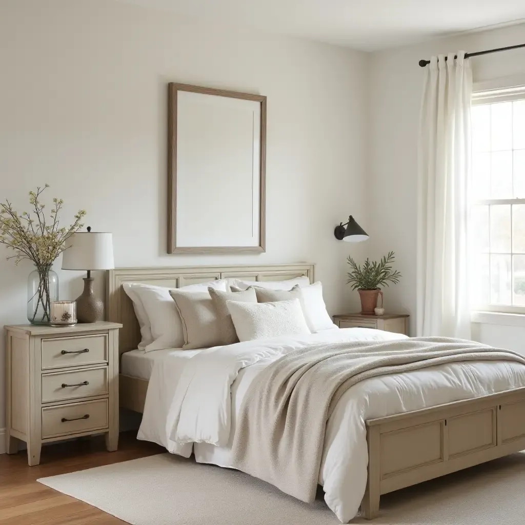 a photo of a charming bedroom with a vintage dresser and farmhouse style