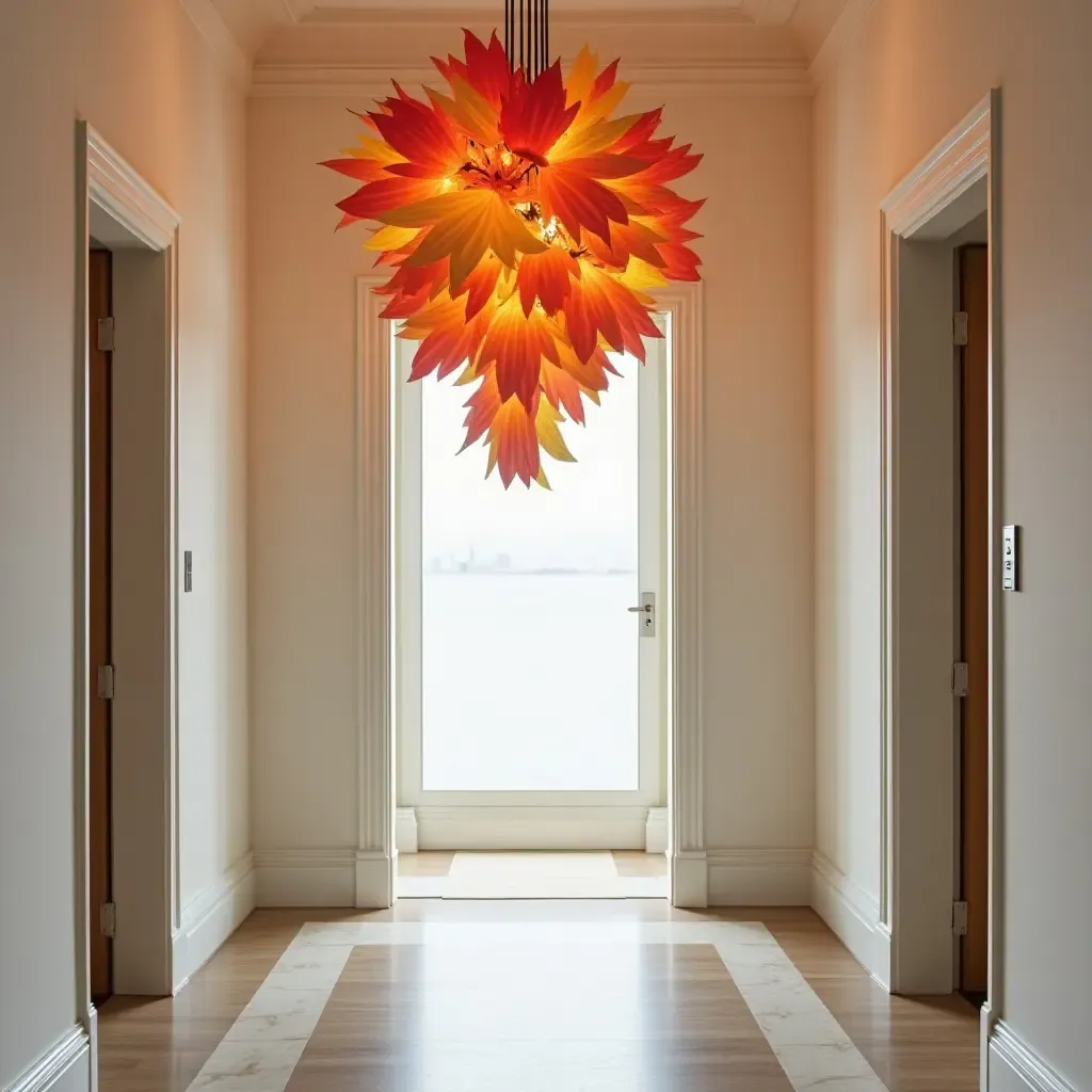 a photo of an entrance hall with a whimsical chandelier made of colorful paper