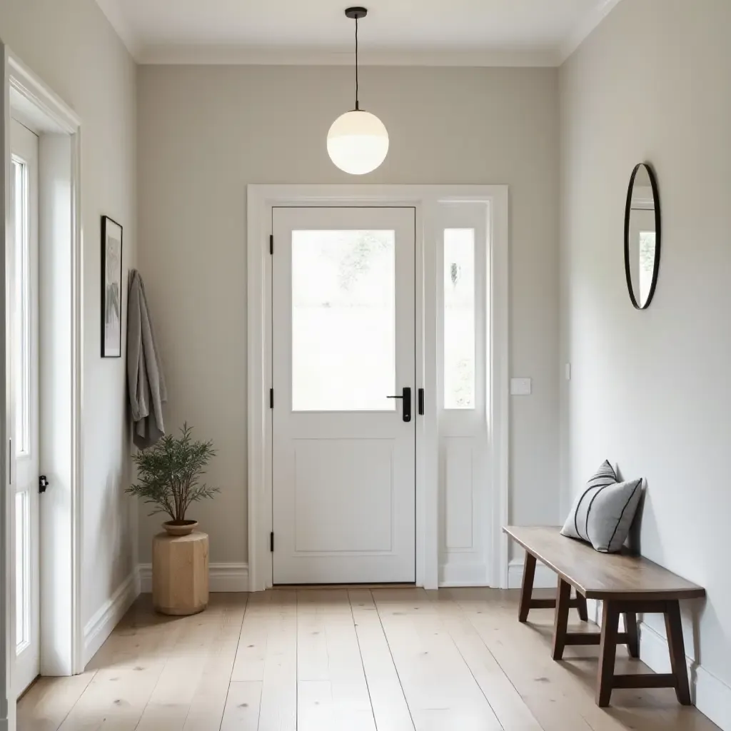 a photo of a Scandinavian-style entrance hall with simple pendant lights